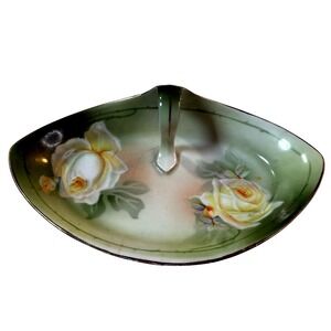 Antique RS Germany Trinket Tray Green Rose Porcelain Victorian Nappy Dish 1900s